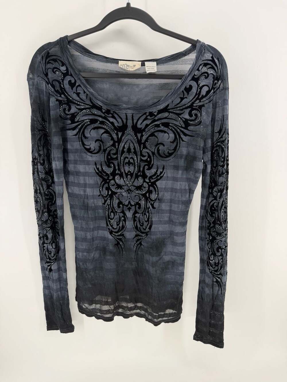 Miss Me Size L Sheer Flocked Rhinestone Tattoo Top Y2K Whimsy Goth